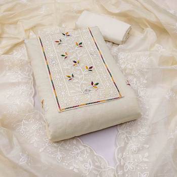 white chanderi embroidered unstitched dress materials 3 pair top bottom dupatta 1