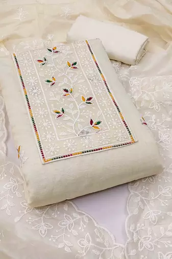 white chanderi embroidered unstitched dress materials 3 pair top bottom dupatta