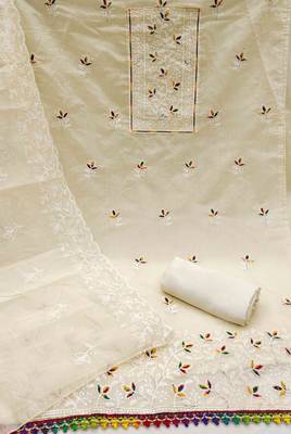 white chanderi embroidered unstitched dress materials 3 pair top bottom dupatta 2