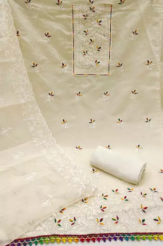 white chanderi embroidered unstitched dress materials 3 pair top bottom dupatta