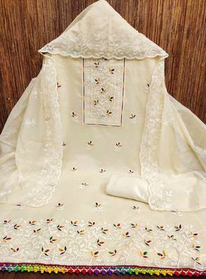 white chanderi embroidered unstitched dress materials 3 pair top bottom dupatta 3