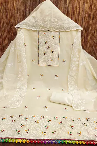 white chanderi embroidered unstitched dress materials 3 pair top bottom dupatta