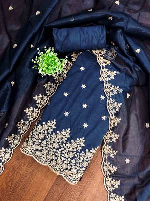blue chanderi embroidered unstitched dress materials 3 pair top bottom dupatta 1