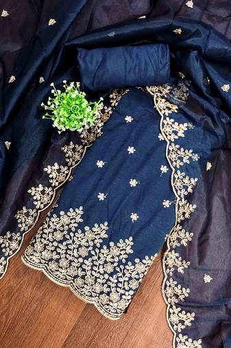blue chanderi embroidered unstitched dress materials 3 pair top bottom dupatta