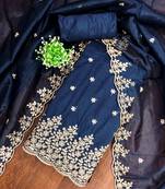blue chanderi embroidered unstitched dress materials 3 pair top bottom dupatta