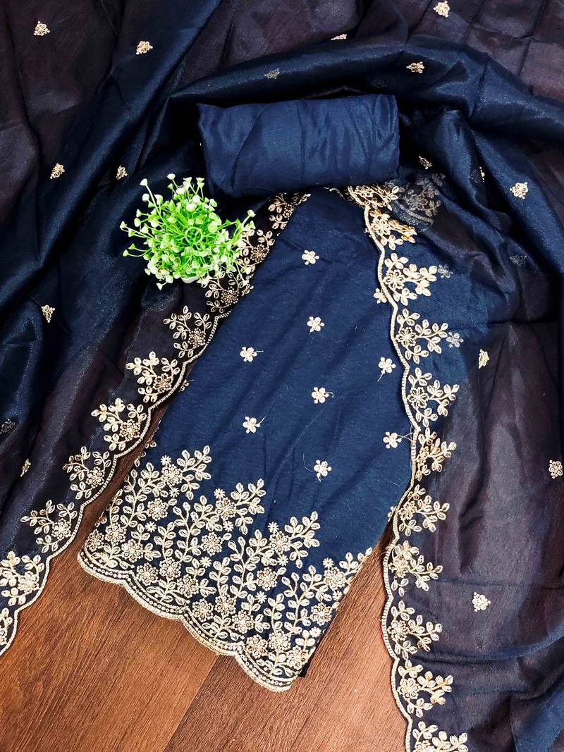 blue chanderi embroidered unstitched dress materials 3 pair top bottom dupatta