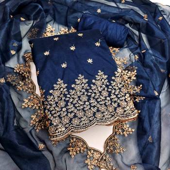 blue chanderi embroidered unstitched dress materials 3 pair top bottom dupatta 2