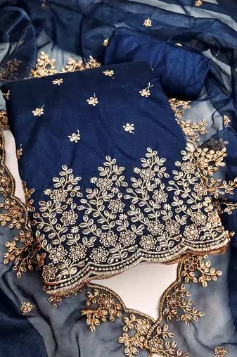 blue chanderi embroidered unstitched dress materials 3 pair top bottom dupatta