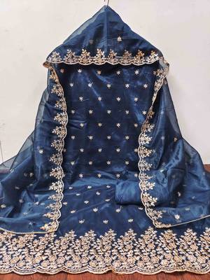 blue chanderi embroidered unstitched dress materials 3 pair top bottom dupatta 3