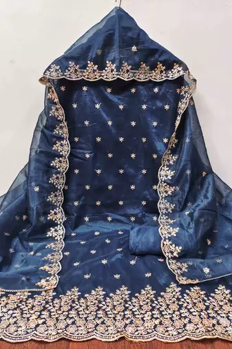 blue chanderi embroidered unstitched dress materials 3 pair top bottom dupatta