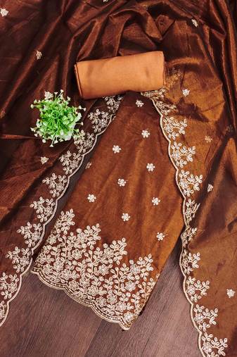 brown chanderi embroidered unstitched dress materials 3 pair top bottom dupatta