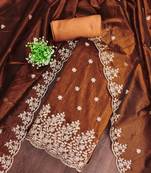brown chanderi embroidered unstitched dress materials 3 pair top bottom dupatta
