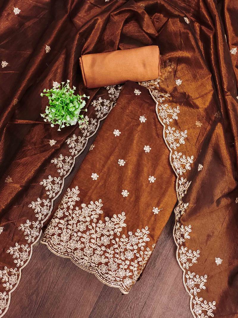 brown chanderi embroidered unstitched dress materials 3 pair top bottom dupatta