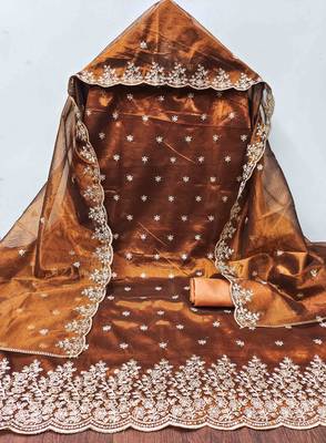 brown chanderi embroidered unstitched dress materials 3 pair top bottom dupatta 2