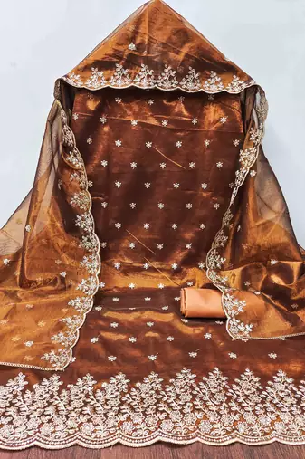 brown chanderi embroidered unstitched dress materials 3 pair top bottom dupatta