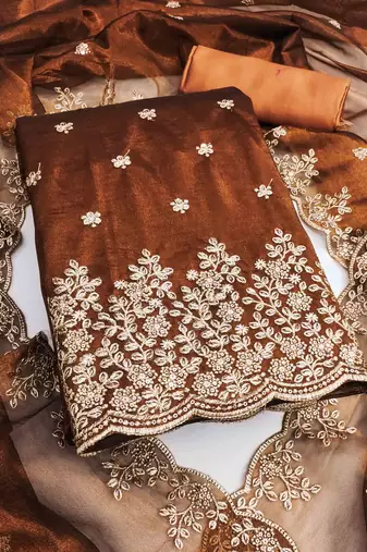 brown chanderi embroidered unstitched dress materials 3 pair top bottom dupatta