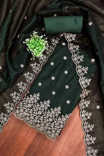 green chanderi embroidered unstitched dress materials 3 pair top bottom dupatta