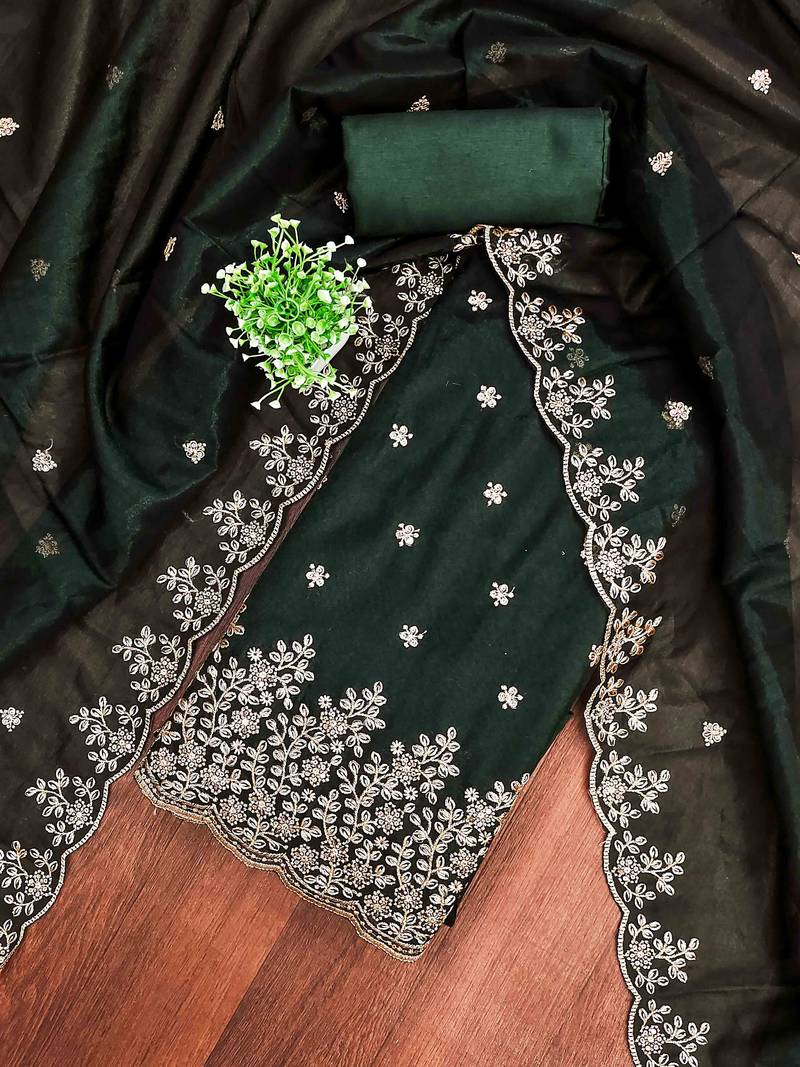 green chanderi embroidered unstitched dress materials 3 pair top bottom dupatta