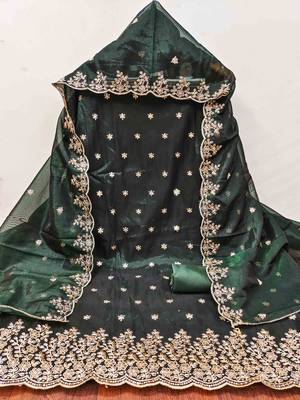 green chanderi embroidered unstitched dress materials 3 pair top bottom dupatta 2