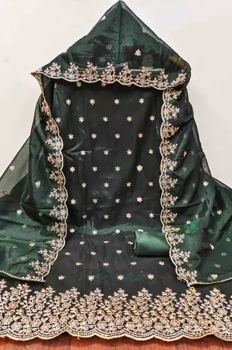 green chanderi embroidered unstitched dress materials 3 pair top bottom dupatta
