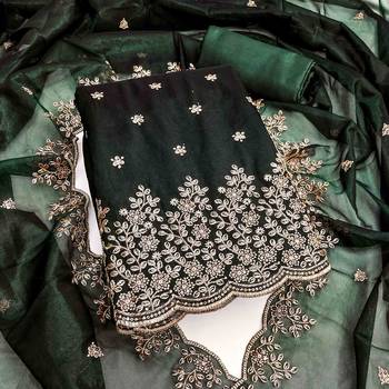 green chanderi embroidered unstitched dress materials 3 pair top bottom dupatta 3