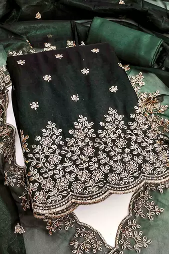 green chanderi embroidered unstitched dress materials 3 pair top bottom dupatta