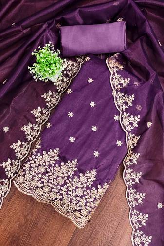 purple chanderi embroidered unstitched dress materials 3 pair top bottom dupatta