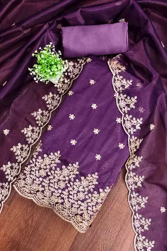 purple chanderi embroidered unstitched dress materials 3 pair top bottom dupatta