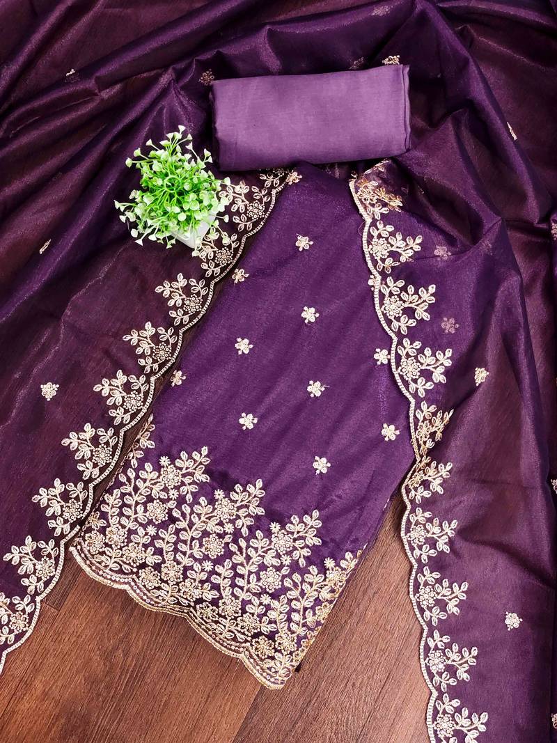 purple chanderi embroidered unstitched dress materials 3 pair top bottom dupatta