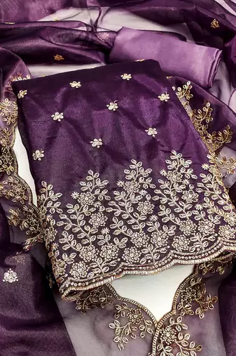 purple chanderi embroidered unstitched dress materials 3 pair top bottom dupatta