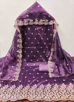 purple chanderi embroidered unstitched dress materials 3 pair top bottom dupatta 3