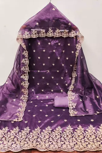 purple chanderi embroidered unstitched dress materials 3 pair top bottom dupatta