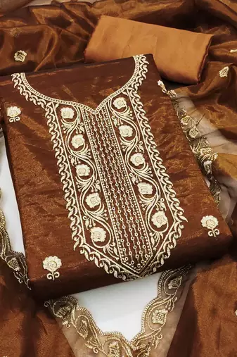 brown chanderi embroidered unstitched dress materials 3 pair top bottom dupatta
