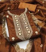 brown chanderi embroidered unstitched dress materials 3 pair top bottom dupatta
