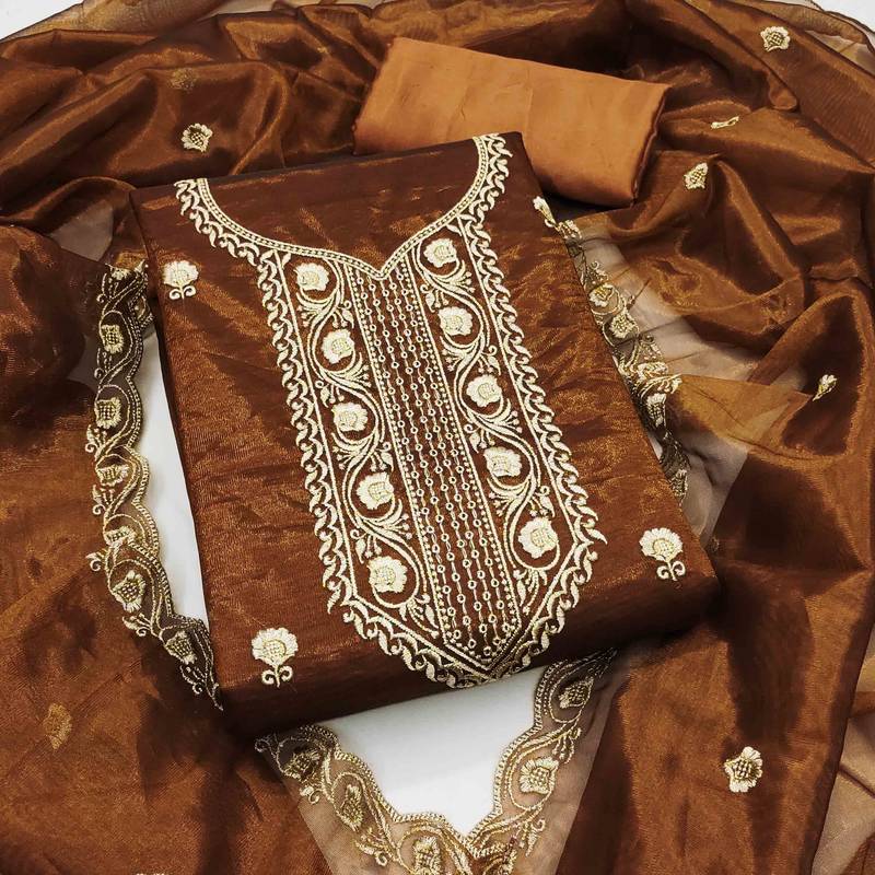 brown chanderi embroidered unstitched dress materials 3 pair top bottom dupatta