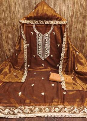 brown chanderi embroidered unstitched dress materials 3 pair top bottom dupatta 2