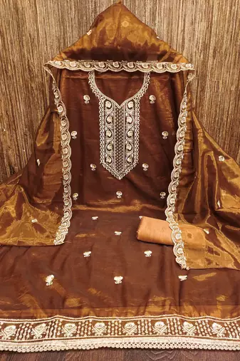 brown chanderi embroidered unstitched dress materials 3 pair top bottom dupatta