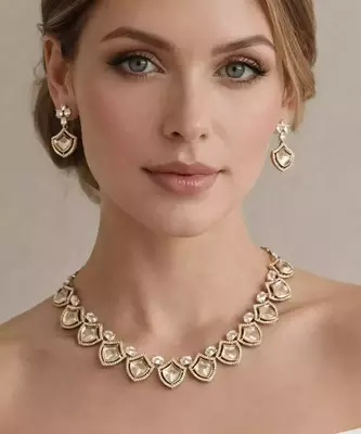 Gold Kundan Bridal Necklace Earrings Set, Champagne Crystal Wedding Jewelry 1
