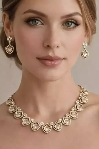 Gold Kundan Bridal Necklace Earrings Set, Champagne Crystal Wedding Jewelry