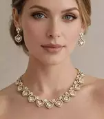 Gold Kundan Bridal Necklace Earrings Set, Champagne Crystal Wedding Jewelry