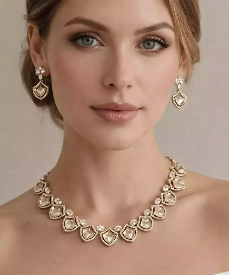 Gold Kundan Bridal Necklace Earrings Set, Champagne Crystal Wedding Jewelry