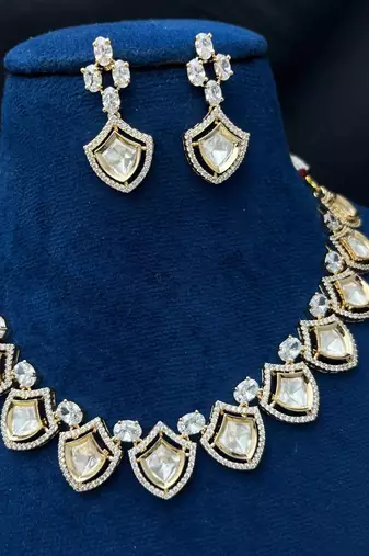 Gold Kundan Bridal Necklace Earrings Set, Champagne Crystal Wedding Jewelry