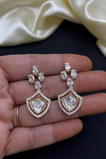 Gold Kundan Bridal Necklace Earrings Set, Champagne Crystal Wedding Jewelry