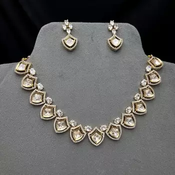 Gold Kundan Bridal Necklace Earrings Set, Champagne Crystal Wedding Jewelry 4