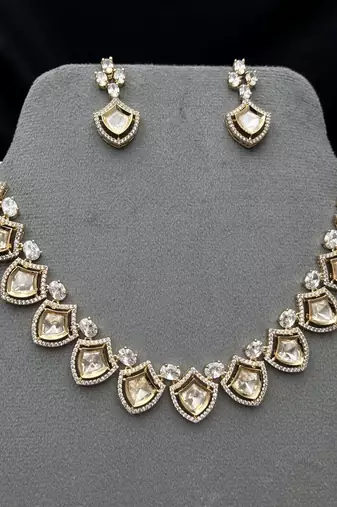 Gold Kundan Bridal Necklace Earrings Set, Champagne Crystal Wedding Jewelry