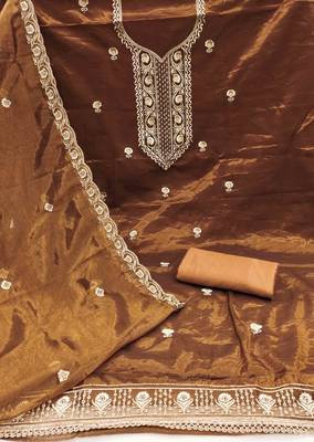 brown chanderi embroidered unstitched dress materials 3 pair top bottom dupatta 3