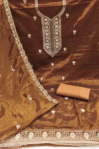 brown chanderi embroidered unstitched dress materials 3 pair top bottom dupatta