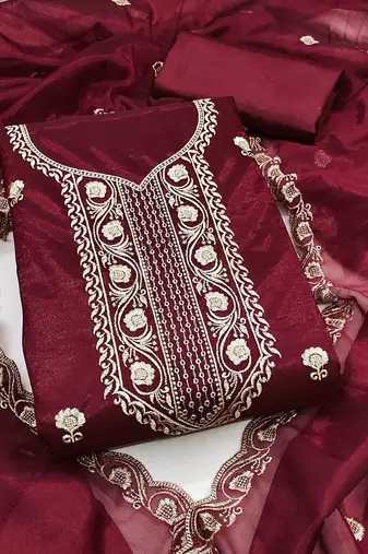 maroon chanderi embroidered unstitched dress materials 3 pair top bottom dupatta