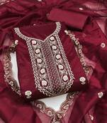 maroon chanderi embroidered unstitched dress materials 3 pair top bottom dupatta