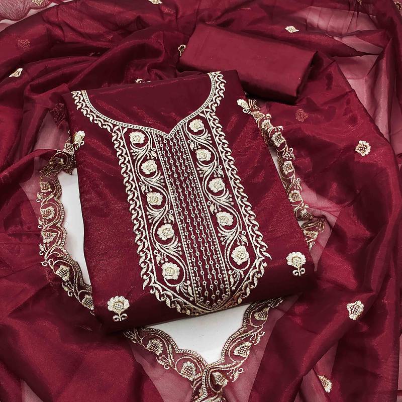 maroon chanderi embroidered unstitched dress materials 3 pair top bottom dupatta